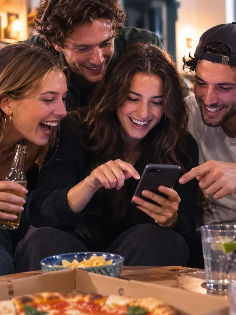 Freundesgruppe bucht lachend den Wunschtermin am Handy