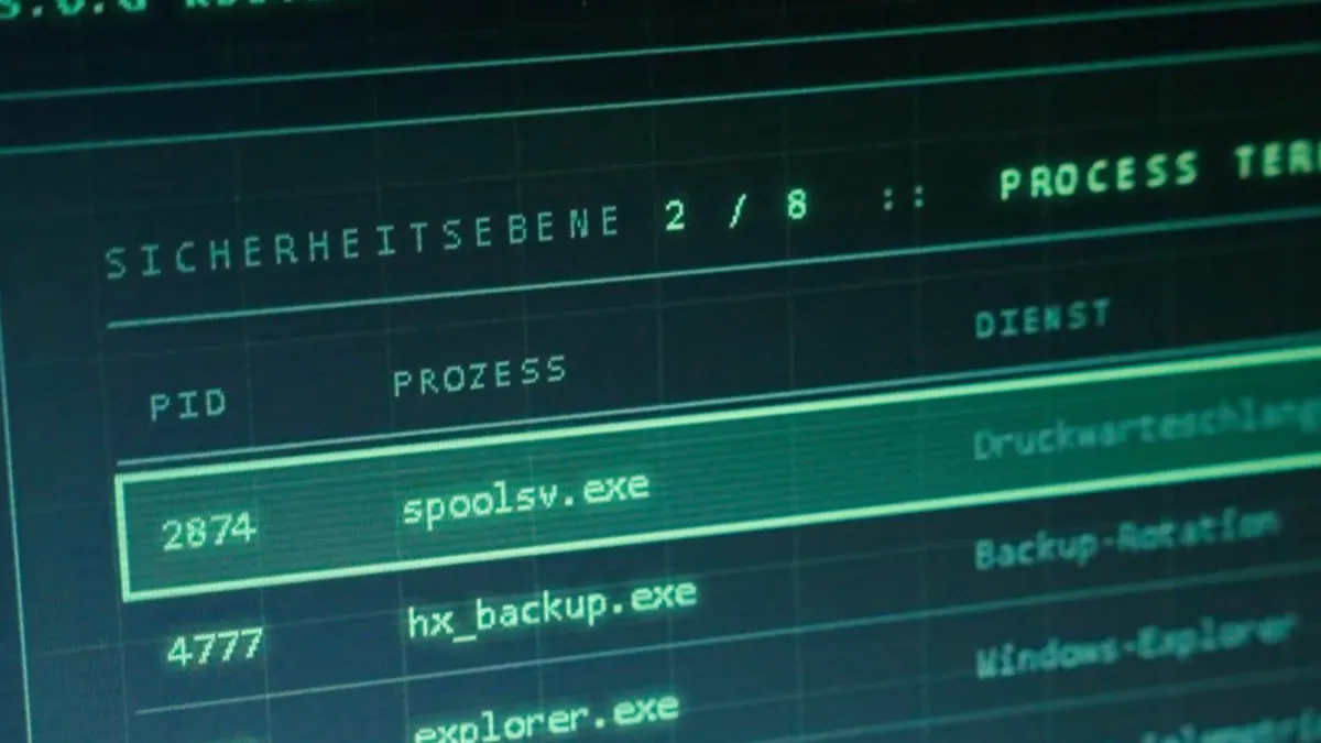 A puzzle on screen: security level 2 of 8, a list of running processes – still from the film about Mission NOVEX-3