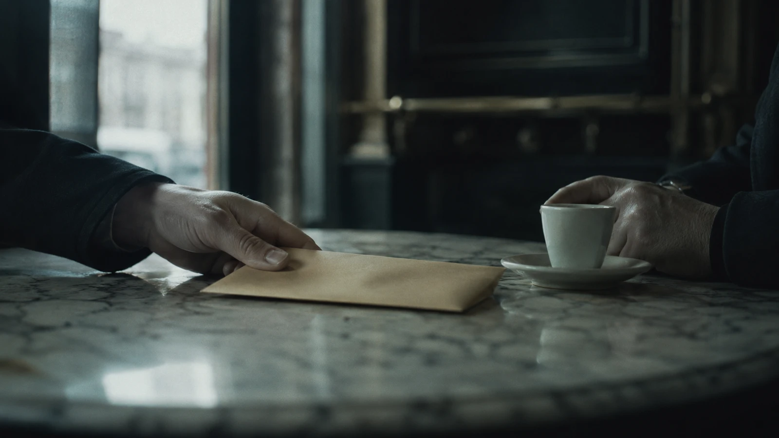 Eine Hand schiebt einen versiegelten Umschlag über den Marmortisch eines Wiener Kaffeehauses