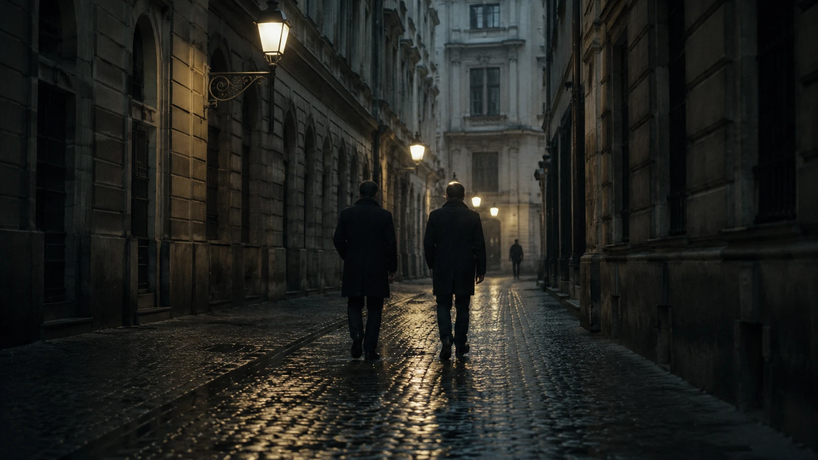Zwei Verfolger in einer regennassen Wiener Gasse in der Dämmerung