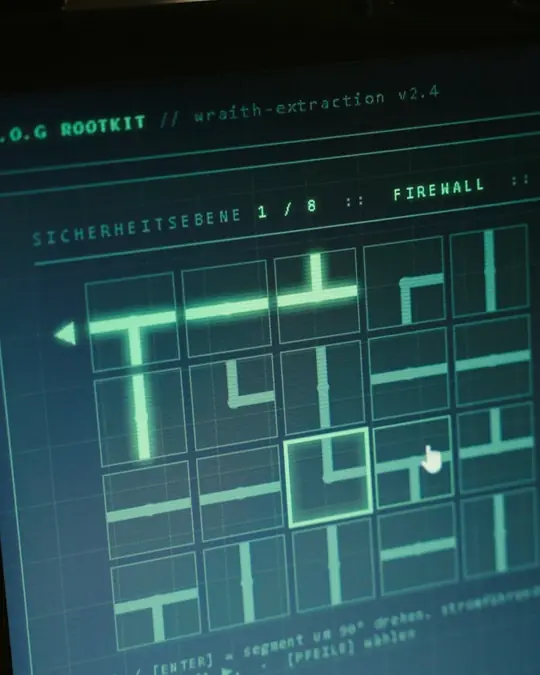 Ein Rätsel in der App: Leitungen drehen, bis die Firewall fällt – Standbild aus dem Film zur Mission NOVEX-3