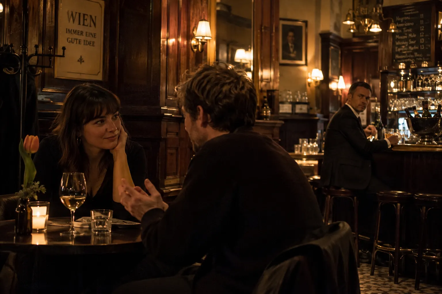 Ein Paar an einem Tisch in einem Wiener Lokal, an der Bar sieht ein Mann zu ihnen herüber