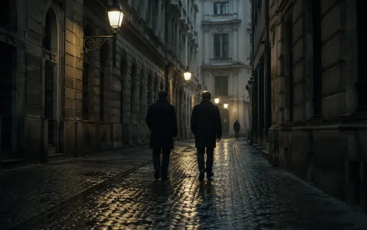 Zwei Verfolger in einer regennassen Wiener Gasse in der Dämmerung