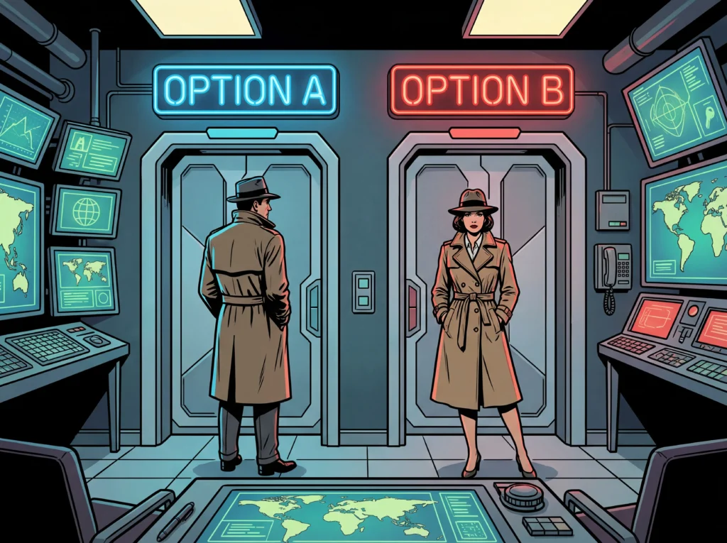 Illustration einer Agentenzentrale mit zwei klar gekennzeichneten Entscheidungsoptionen. Zwei Agenten stehen vor getrennten Türen mit der Aufschrift „Option A“ und „Option B“ und müssen eine strategische Entscheidung innerhalb einer Secret Mission treffen.