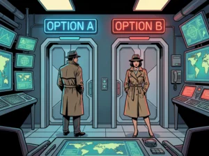 Illustration einer Agentenzentrale mit zwei klar gekennzeichneten Entscheidungsoptionen. Zwei Agenten stehen vor getrennten Türen mit der Aufschrift „Option A“ und „Option B“ und müssen eine strategische Entscheidung innerhalb einer Secret Mission treffen.