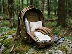Ein geöffneter taktischer Rucksack liegt im Wald auf einem Stein. Darin befinden sich eine Karte, Notizen, Handschuhe und eine Trinkflasche, daneben ein Funkgerät und ein Kompass – typische Ausrüstung für eine Secret Mission mit Orientierung und Planung.