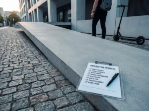 Ein Klemmbrett mit einem Beobachtungsprotokoll liegt auf einer Betonstufe im urbanen Raum. Abgehakte Punkte wie Routenprüfung und Zielerfassung deuten auf eine laufende Überwachungsphase einer Secret Mission hin.
