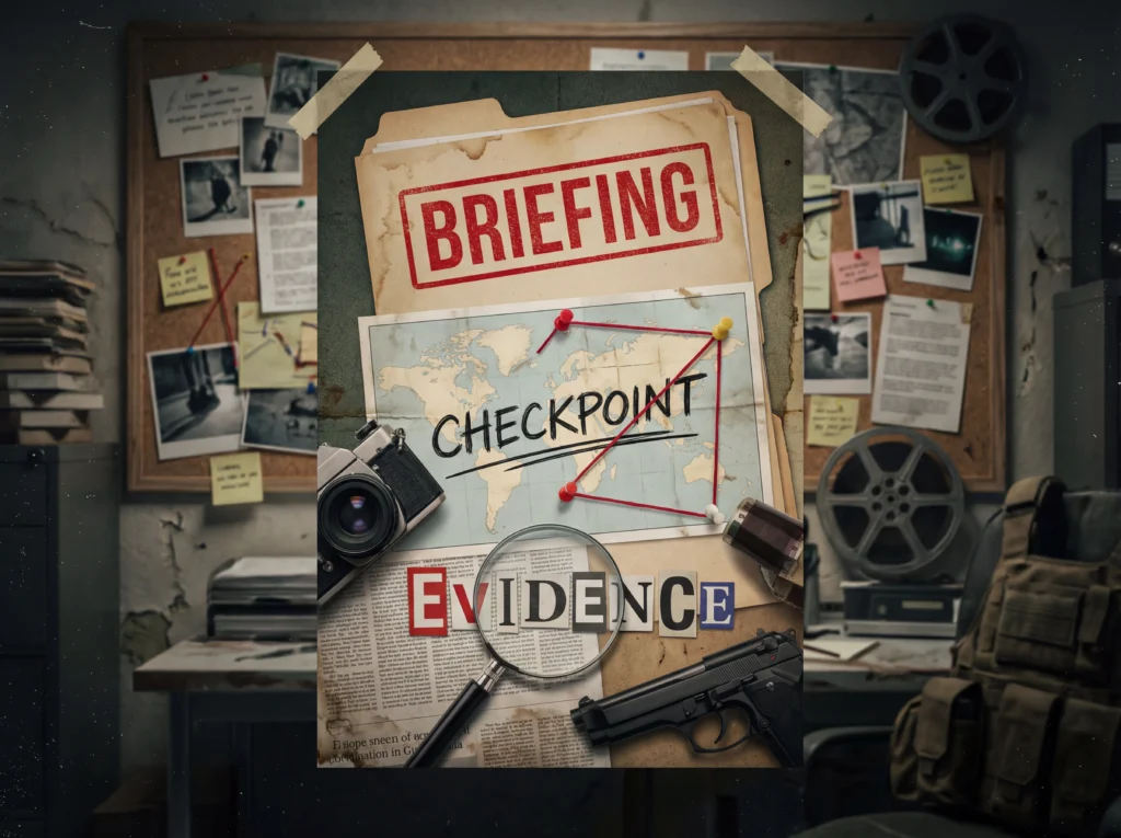 Eine visuelle Ermittlungsübersicht mit der Aufschrift „Briefing“, „Checkpoint“ und „Evidence“. Kartenmaterial, Fotos, Notizen, eine Kamera und Beweisstücke sind auf einer Pinnwand arrangiert und zeigen die Analysephase einer Secret Mission.