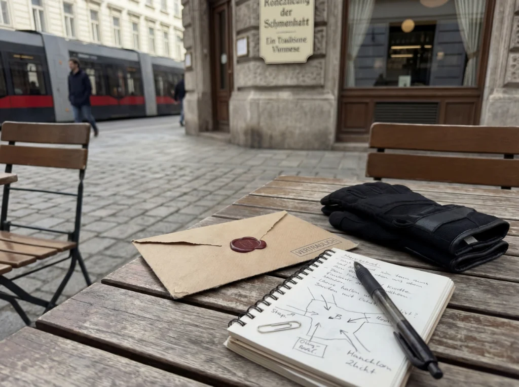 Ein versiegelter Umschlag mit Vertraulichkeitsstempel, Handschuhe und ein Notizblock mit handschriftlichen Ermittlungsnotizen liegen auf einem Holztisch in der Wiener Innenstadt. Die Szene zeigt das Briefing einer Secret Mission im öffentlichen Stadtraum.