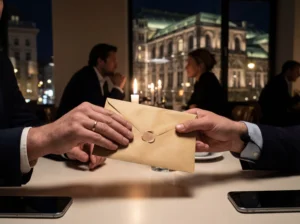Zwei Personen überreichen sich einen versiegelten Umschlag über einen Tisch in einem eleganten Restaurant bei Kerzenlicht. Im Hintergrund ist die beleuchtete Wiener Staatsoper durch ein Fenster zu sehen, weitere Gäste sitzen unauffällig im Raum.