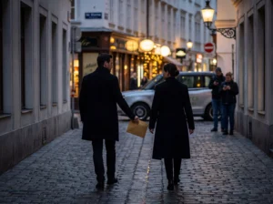 Zwei Teilnehmer einer Secret Mission gehen unauffällig durch eine schmale Wiener Altstadtgasse. Einer hält einen Umschlag in der Hand, während sie sich ruhig vom Übergabeort entfernen – Teil eines diskreten Ermittlungsabenteuers im Stadtraum.