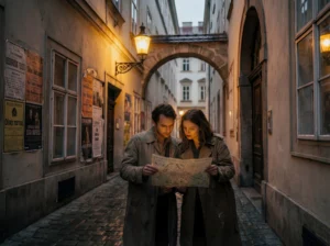 secret mission wien - Zwei Teilnehmer einer Secret Mission stehen in einer historischen Wiener Altstadtgasse und analysieren gemeinsam eine Karte. Im warmen Licht der Straßenlaternen planen sie ihren nächsten Schritt innerhalb eines interaktiven Ermittlungsabenteuers im urbanen Raum.