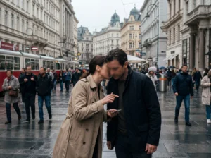 Zwei Teilnehmer einer Secret Mission tauschen unauffällig Informationen auf einer belebten Wiener Einkaufsstraße aus. Inmitten von Passanten prüfen sie einen Hinweis auf dem Smartphone als Teil eines interaktiven Ermittlungsabenteuers im Stadtraum.