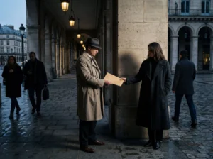 Zwei Teilnehmer einer Secret Mission tauschen unauffällig einen Umschlag unter Arkaden im urbanen Stadtraum aus. Umgeben von Passanten erfolgt die Übergabe diskret als Teil eines interaktiven Ermittlungsabenteuers.