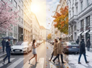 Eine Wiener Straße wird in vier Jahreszeiten dargestellt – Frühling, Sommer, Herbst und Winter. Passanten bewegen sich durch denselben Stadtraum bei wechselndem Licht, Wetter und Atmosphäre, was den zeitlichen Verlauf einer Secret Mission symbolisiert.