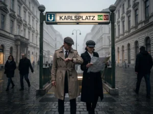 Zwei Teilnehmer einer Secret Mission stehen vor dem U-Bahn-Eingang Karlsplatz in Wien. Während eine Person die Uhrzeit prüft, liest die andere eine Karte, um den nächsten Schritt eines interaktiven Ermittlungsabenteuers im Stadtraum zu planen.