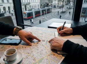 Zwei Personen planen eine Route auf einer detaillierten Stadtkarte von Wien an einem Tisch im Kaffeehaus. Hände zeigen auf markierte Bereiche, während Notizen gemacht werden. Im Hintergrund fährt eine Straßenbahn vorbei.