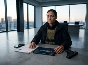 Eine Einsatzleiterin sitzt an einem Tisch in einer modernen Kommandozentrale und bereitet eine Entscheidung vor. Vor ihr liegen ein Tablet mit Briefing-Inhalten, Dokumente und Einsatzmaterial – ein ruhiger Moment vor einer Secret Mission.