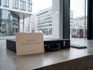 Eine personalisierte Missionskarte mit der Aufschrift „MISSION: [Recipient’s Name]“ liegt auf einem Tisch neben einem schwarzen Aktenkoffer und einem Smartphone. Durch die Fensterfront ist eine Wiener Straßenbahn und moderne Architektur zu sehen.