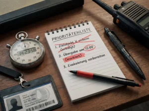 Eine Prioritätenliste liegt auf einem Tisch neben Stoppuhr, Funkgerät und Notizen. Markierte Aufgaben und eine Uhrzeit zeigen Zeitdruck und Ablaufplanung innerhalb einer Secret Mission.