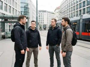 Vier Teilnehmer einer Secret Mission stehen in einem kleinen Kreis am Karlsplatz in Wien und besprechen leise den nächsten Schritt. Alle tragen unauffällige Outdoor-Kleidung, im Hintergrund ist eine Straßenbahn und die U-Bahn-Station Karlsplatz zu sehen.