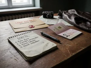 Auf einem Holztisch liegen eine als „Top Secret – Mission Wien“ gekennzeichnete Akte, ein Notizblock mit Einsatzregeln, ein Reisepass, eine Kamera und eine Stadtkarte. Die Szene zeigt ein vorbereitetes Briefing für eine Secret Mission im urbanen Umfeld.