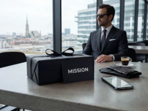 Ein elegant verpacktes schwarzes Geschenk mit der Aufschrift „MISSION“ steht auf einem Tisch in einem modernen Wiener Café. Daneben liegen Smartphone mit Kartenansicht, Lederhandschuhe und eine Espressotasse, im Hintergrund sitzt ein Mann im Anzug mit Blick über die Stadt.