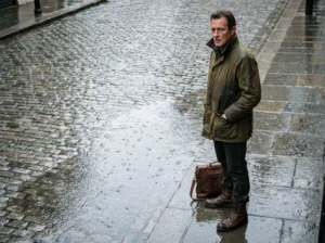 Ein Mann steht allein in einer regennassen Gasse und beobachtet seine Umgebung aufmerksam. Mit Aktentasche und wetterfester Kleidung wirkt er wie eine Zielperson oder Beobachtungsfigur innerhalb einer Secret Mission im urbanen Raum.