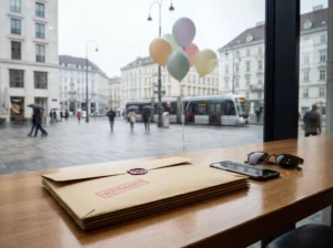 Mehrere versiegelte Umschläge mit dem Stempel „Vertraulich“ liegen auf einem Holztisch in einem Café in Wien. Daneben befinden sich ein Smartphone und eine Sonnenbrille, im Hintergrund sind Straßenbahn, Passanten und bunte Luftballons auf einem Stadtplatz zu sehen.