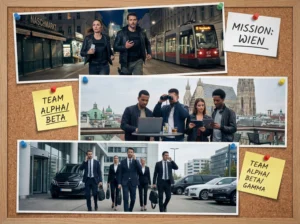Pinnwand mit drei Fotos von Secret-Mission-Einsatzteams in Wien: nächtlicher Einsatz am Naschmarkt mit Straßenbahn, Teamarbeit auf einer Dachterrasse mit Blick auf den Stephansdom und formelles Team in Anzügen vor modernen Bürogebäuden.