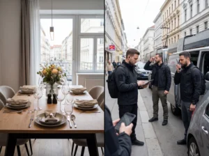 Eleganter Esstisch in einer Wiener Altbauwohnung und parallel ein Einsatzteam auf der Straße bei der Einsatzvorbereitung neben einem Fahrzeug